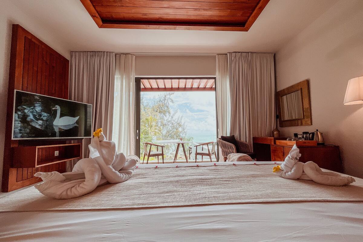 A hotel room with a large bed, a television, a desk with a lamp, and a view of the outdoors.