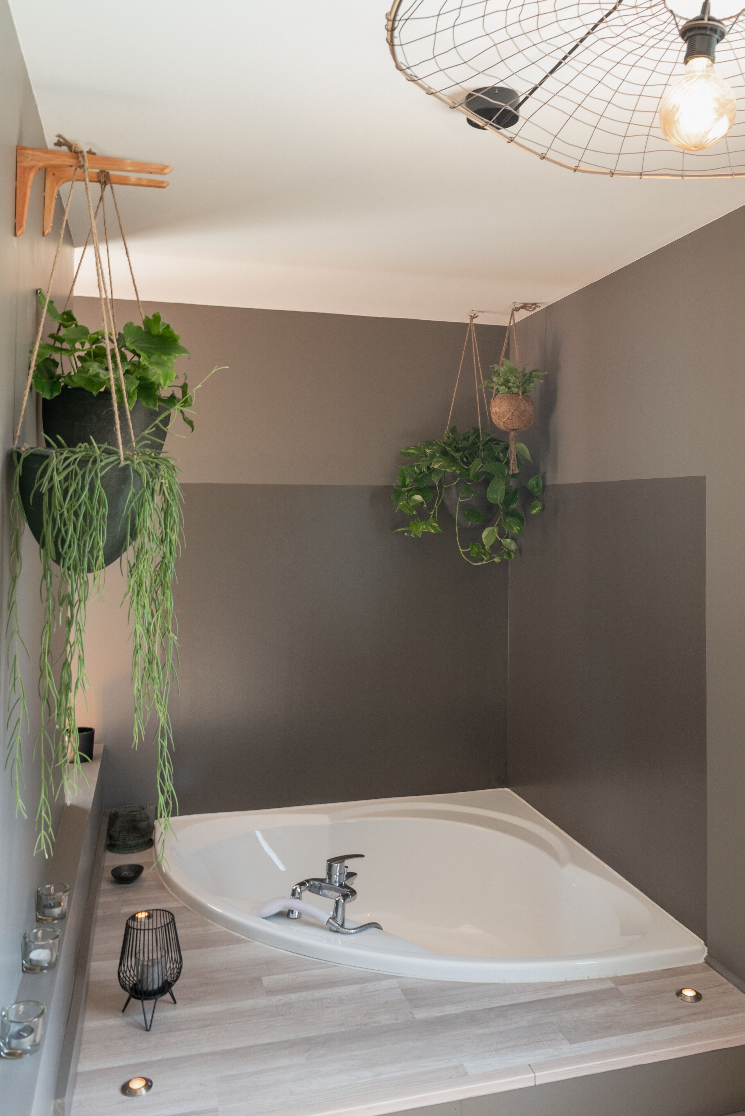 Un baño moderno con una bañera independiente, plantas colgantes y una lámpara de techo original.