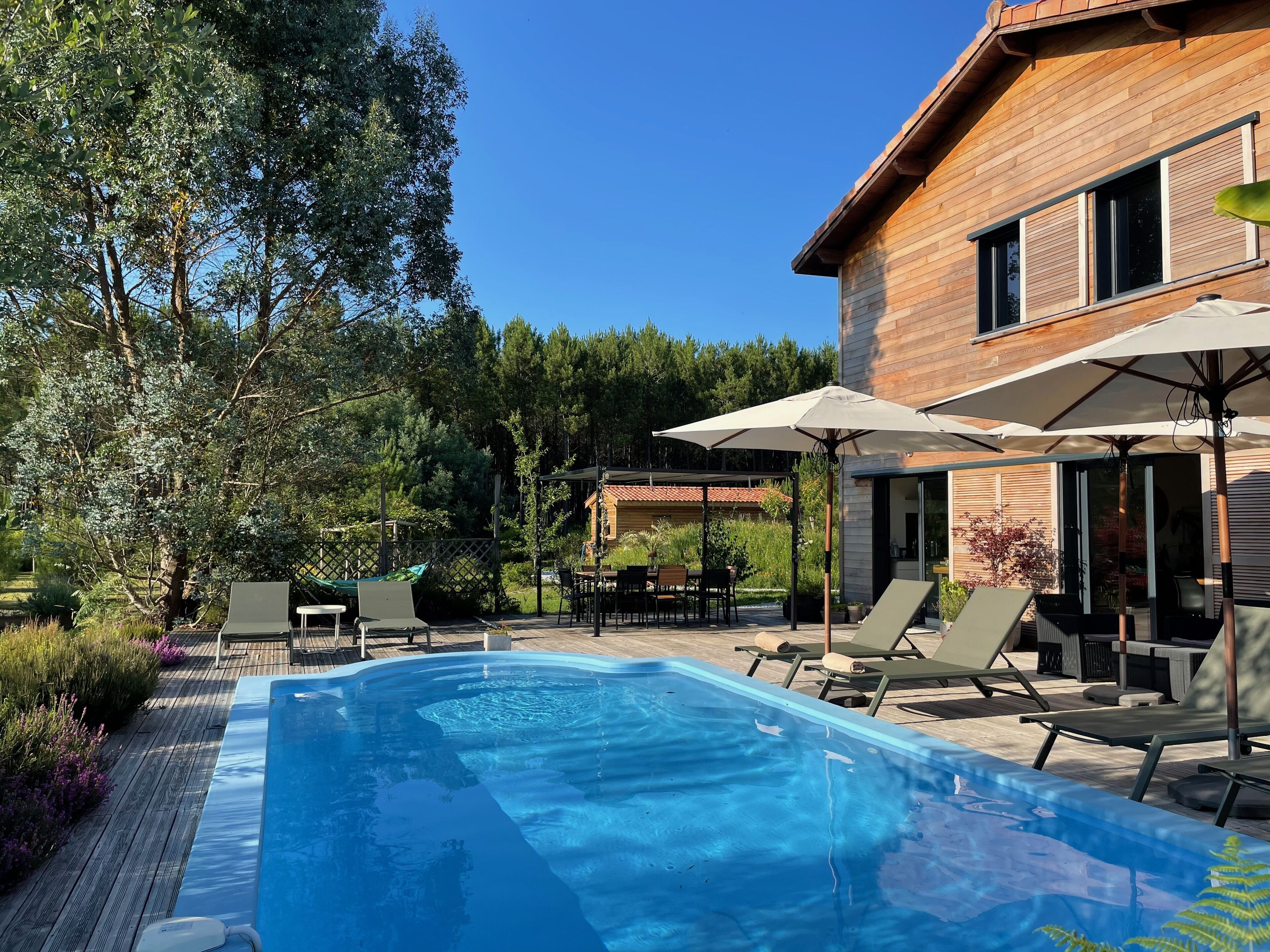 Outdoor pool, pool umbrellas, sun loungers