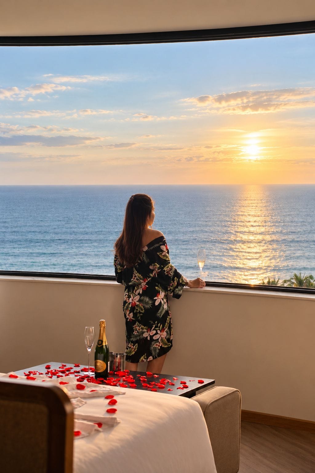 Eine Frau steht an einem Fenster mit Blick auf das Meer bei Sonnenuntergang, ein Tisch ist mit Rosenblättern und Champagner gedeckt.