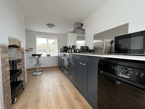 Een microgolfoven, een oven, een kookplaat, een vaatwasser