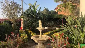 Ein Garten mit einer zentralen Fontäne, umgeben von verschiedenen Topfpflanzen und einer kleinen Statue.