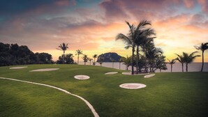 A golf course with a winding path and palm trees.