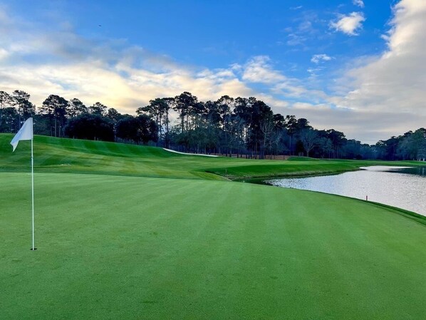 A golf course with a flag, water hazards, and trees in the background.