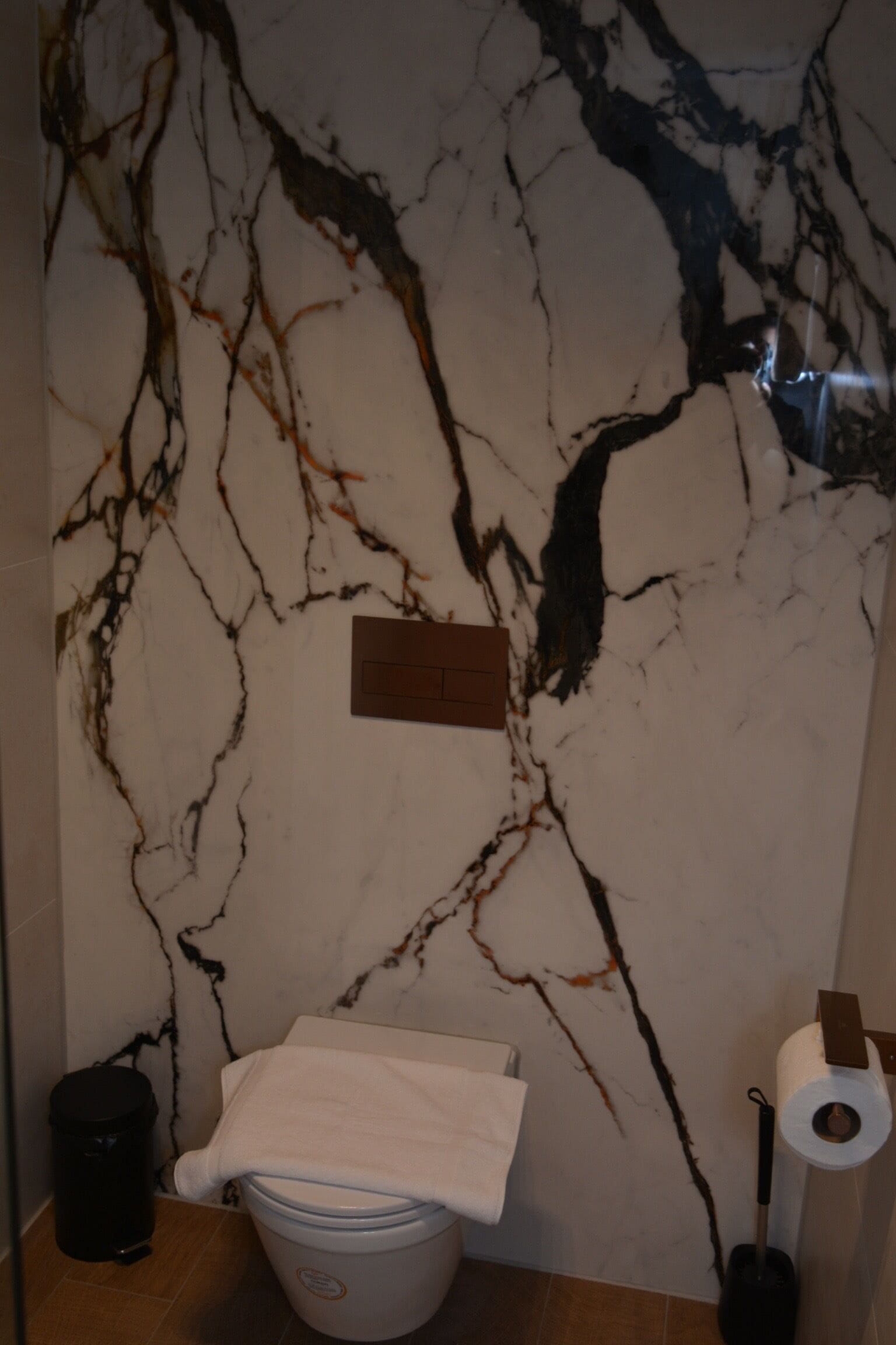Un baño con pared de mármol, un inodoro, un cesto de basura y un rollo de papel higiénico.