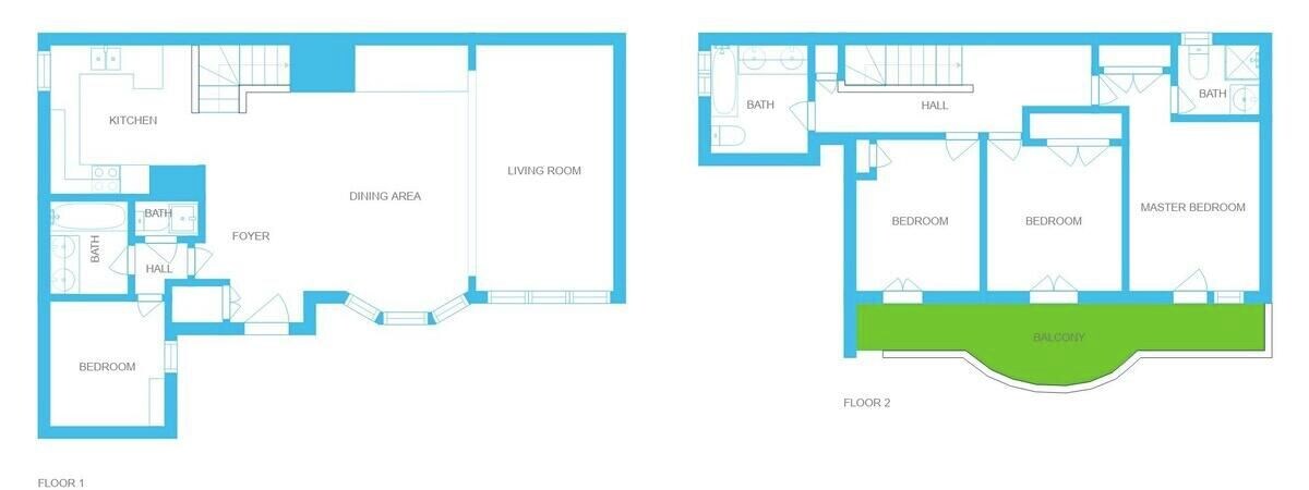 Two floor plans of a hotel with labeled rooms including a dining area, living room, kitchen, bathrooms, foyers, bedrooms, and a balcony.