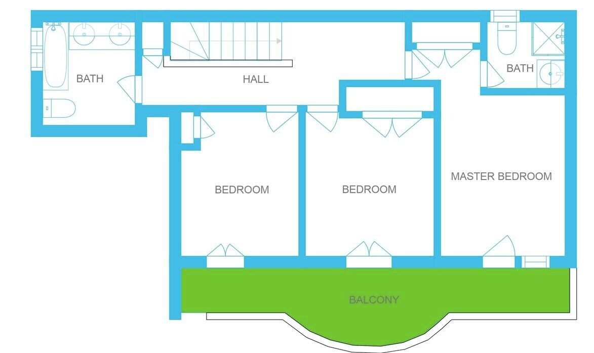 En plantegning, der viser et soveværelse, to standardværelser, et badeværelse, en gang og en balkon.
