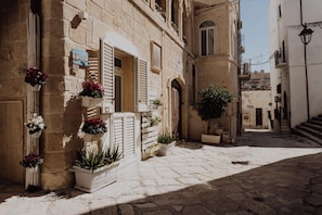 A narrow street with stone buildings, shutters, and potted plants.