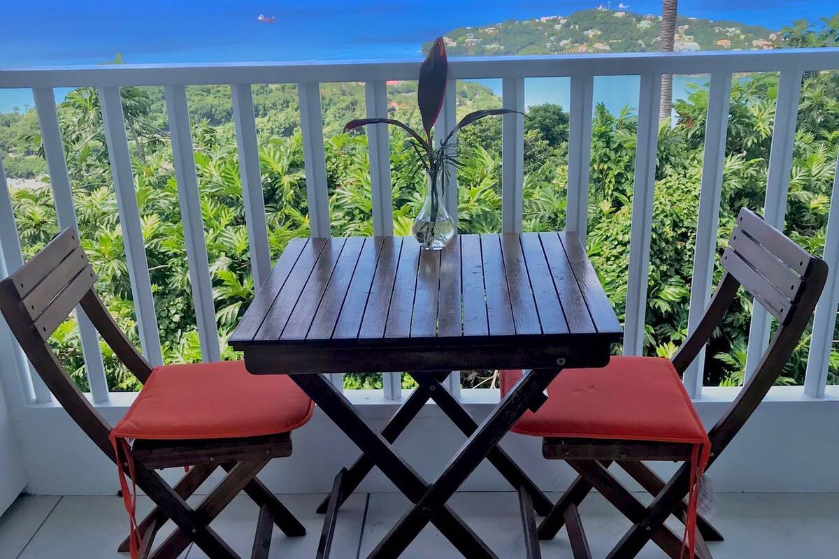 A balcony with a wooden table and two chairs, a vase with a plant, and a view of the ocean and greenery.