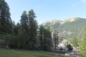A mountainous landscape with dense forests and a small settlement with buildings.