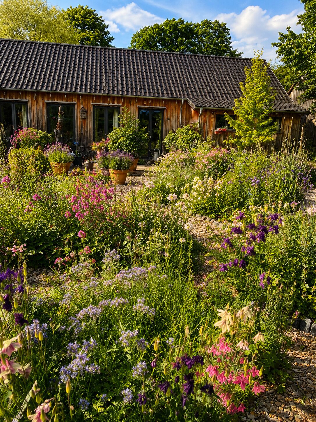 A wooden house with a tiled roof surrounded by a garden with various flowers.