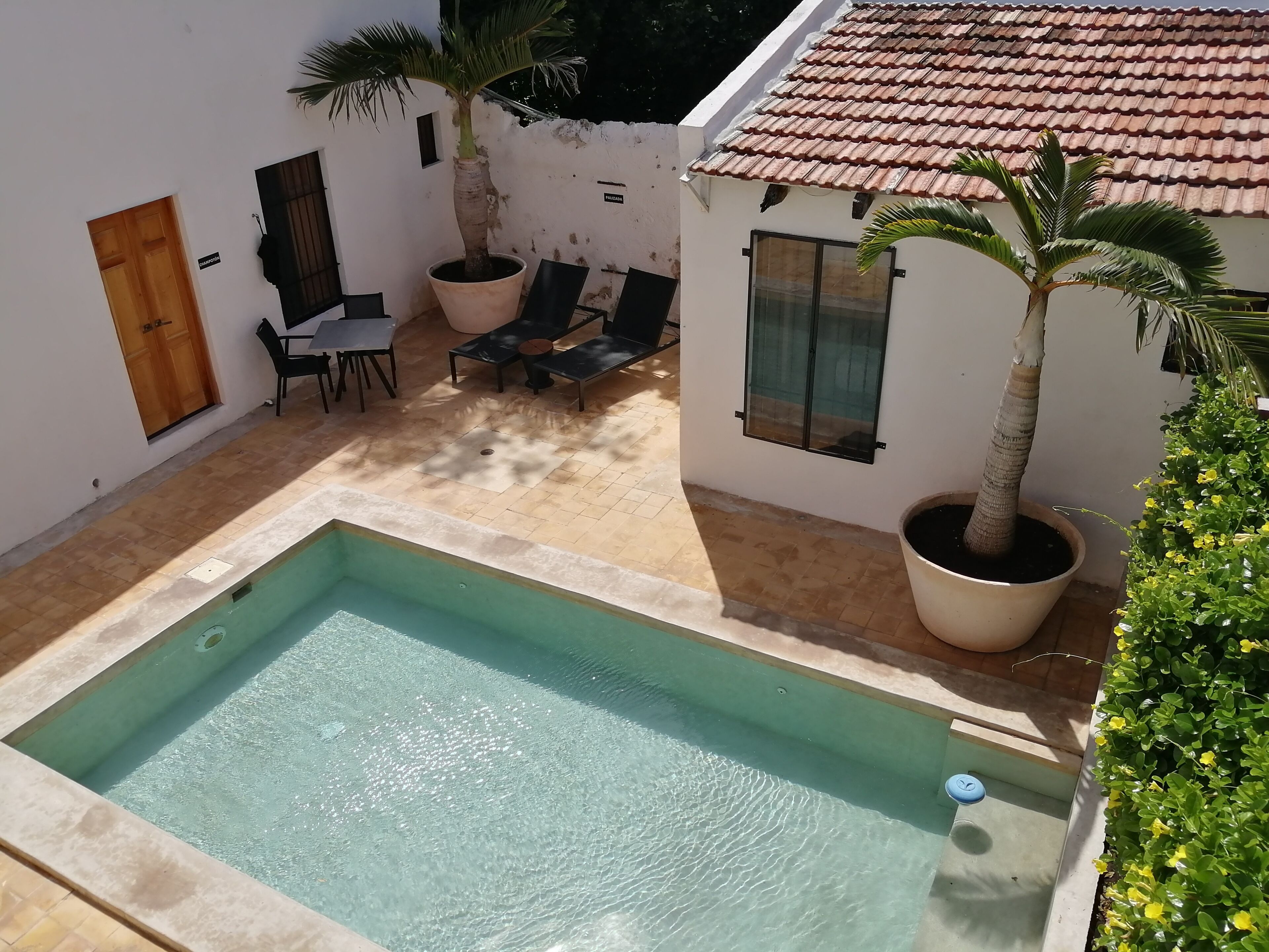 A swimming pool, outdoor seating, and potted plants.