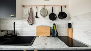 Fridge, microwave, stovetop, cookware/dishes/utensils