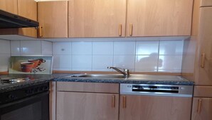 A compact kitchen with wooden cabinets, a stainless steel sink, a dishwasher, and a stove.