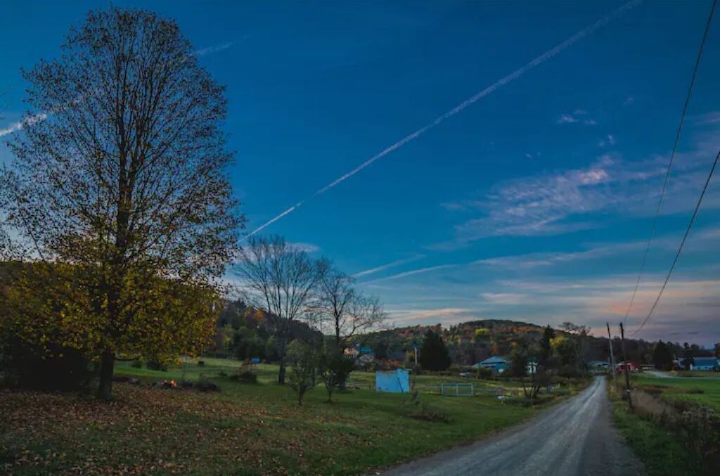 A rural road with a large tree on the left, a clear sky, and a distant hill with buildings.