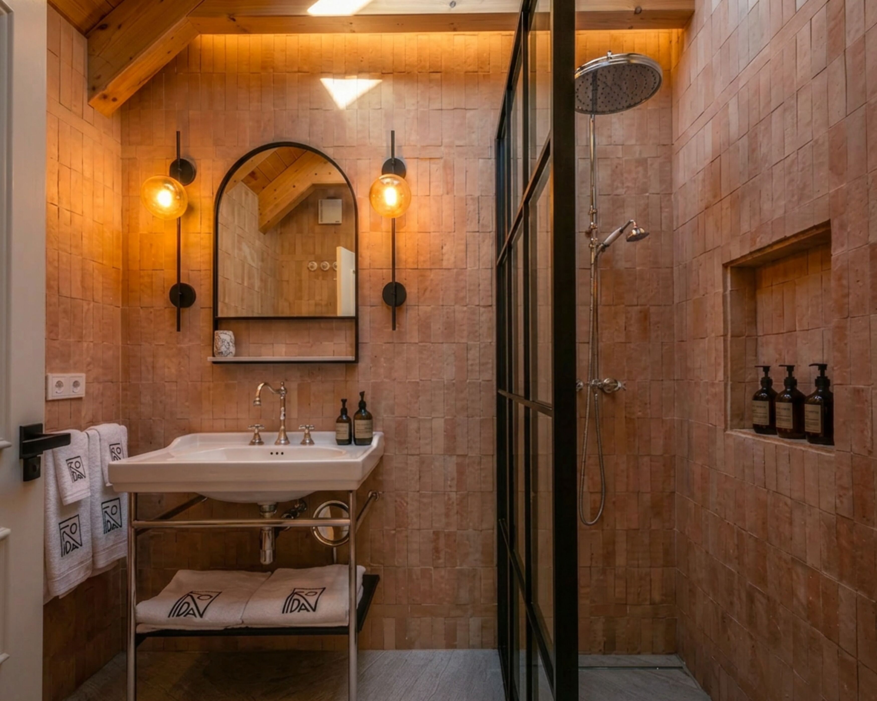 Ein Badezimmer mit Holzwand, einem Waschbecken mit zwei Wasserhähnen, einem Spiegel und einer Dusche mit Duschbrause.