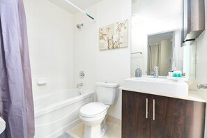 Chuveiro, secador de cabelo, toalhas de banho 