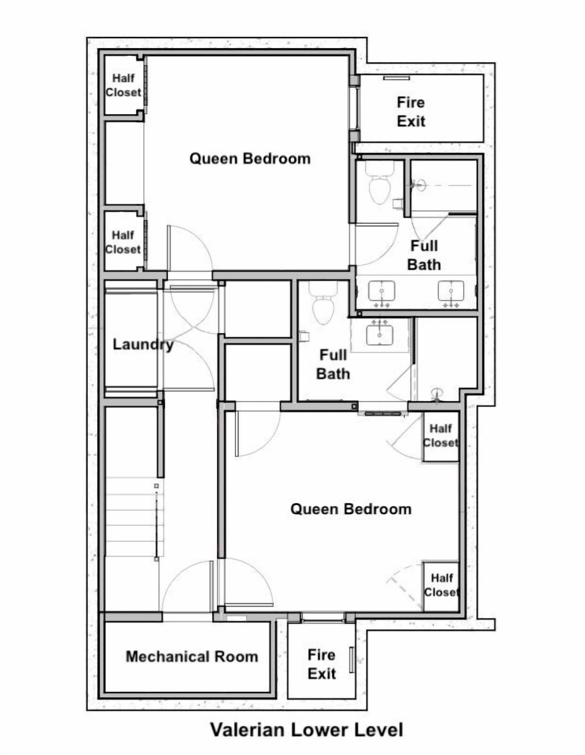 A floor plan of a hotel with two queen bedrooms, two full baths, a mechanical room, a laundry area, and fire exits.