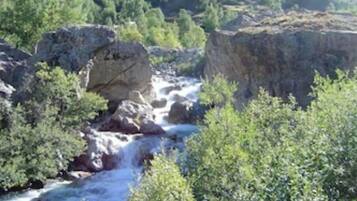 Une rivière qui traverse un paysage rocheux, bordé d’une végétation luxuriante.