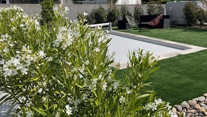 Una casa moderna con un césped cuidado, un patio y un jardín con flores blancas.