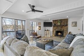 Smart TV, fireplace, books