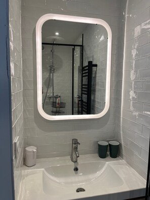 Regadera, secadora de cabello, papel de baño 