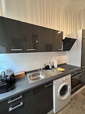 A modern kitchen with a stainless steel sink, a built-in dishwasher, and a compact washer. - Stylish, Central, Wi-Fi, Old Town (Wuppertal)