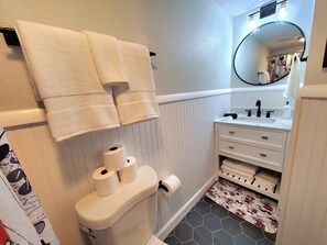 Hair dryer, towels, soap, shampoo
