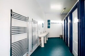 Shower, towels, soap, toilet paper