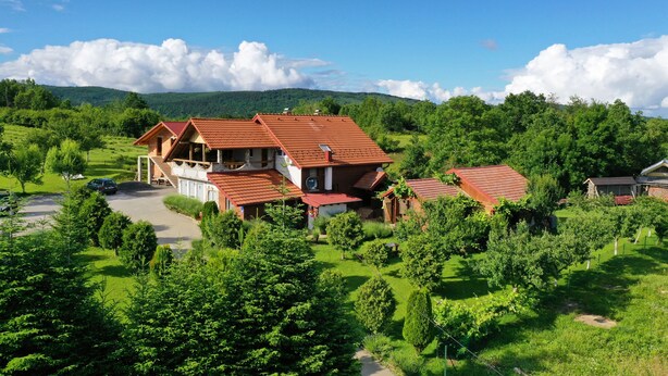 Una casa grande con techo rojo, rodeada de abundante vegetación y un cielo azul despejado.
