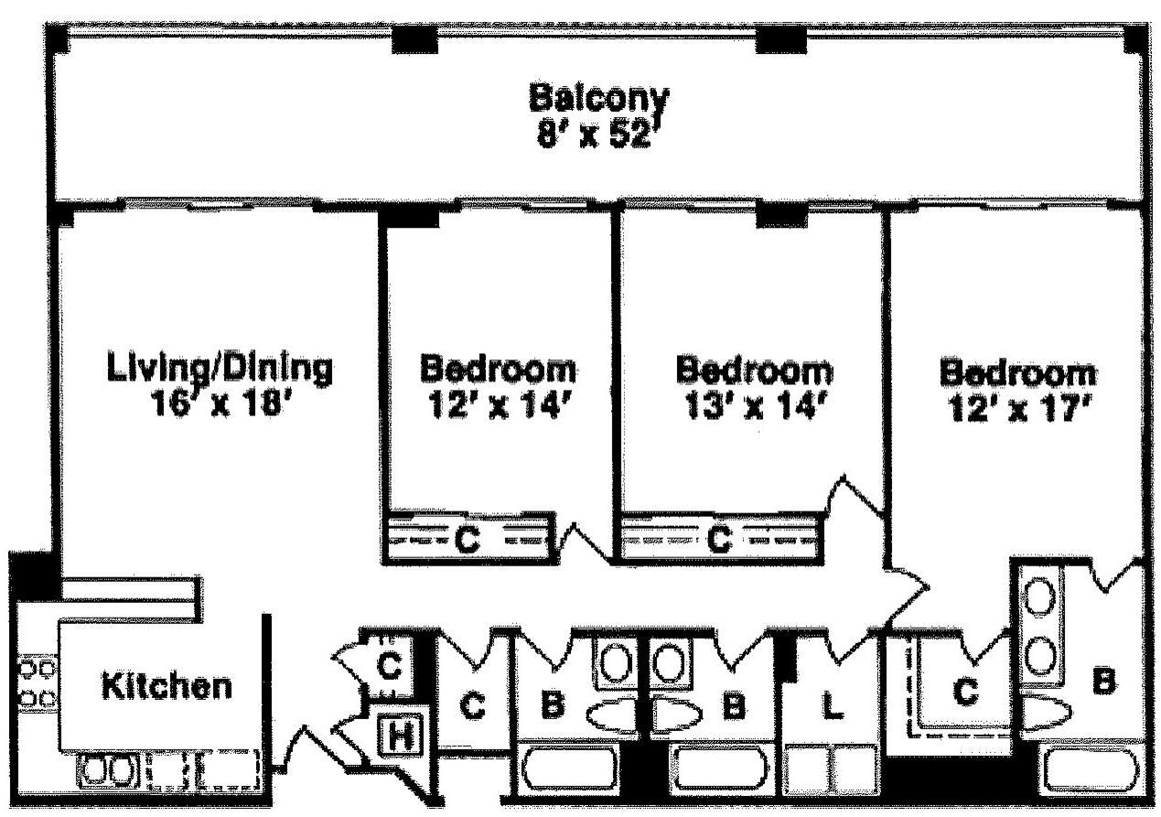 A floor plan of a hotel with a balcony measuring 8' x 52', a living/dining area of 16' x 18', and three bedrooms of varying sizes.
