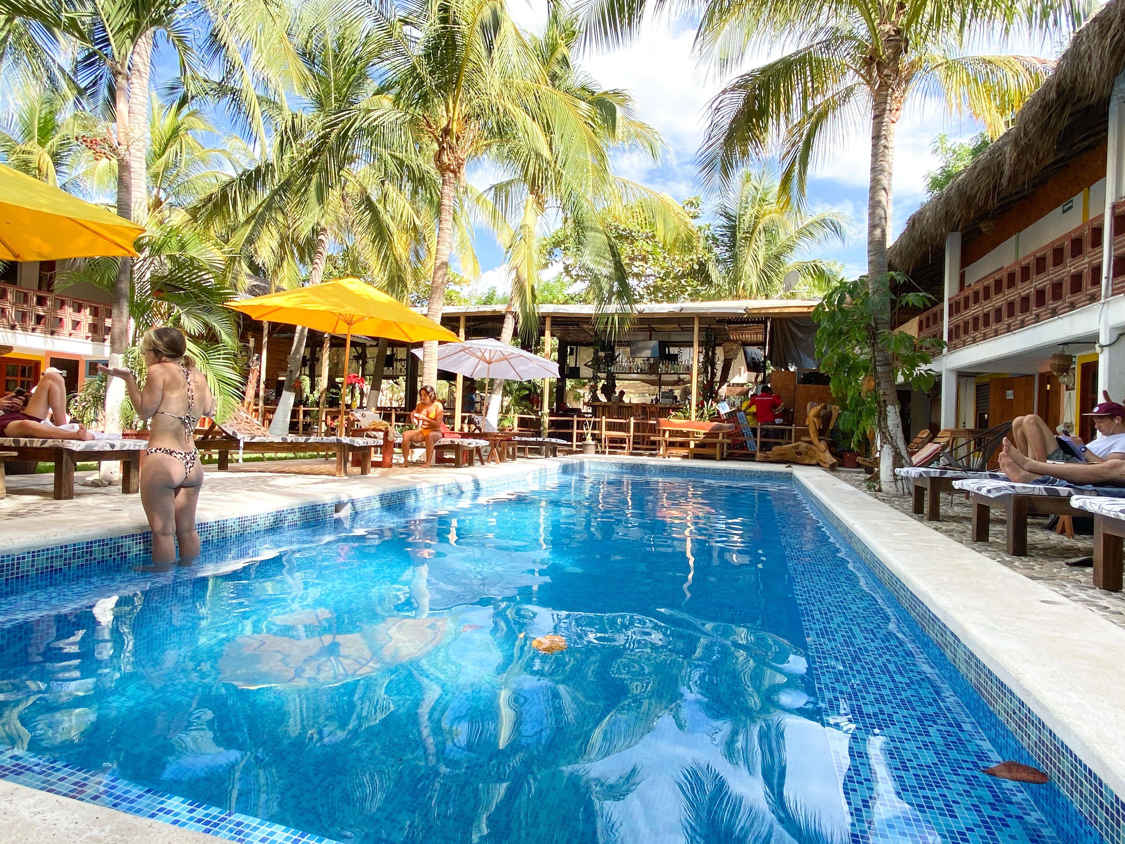 室外泳池；躺椅