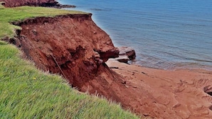 A coastal landscape with a cliff and grassy area leading to the sea.