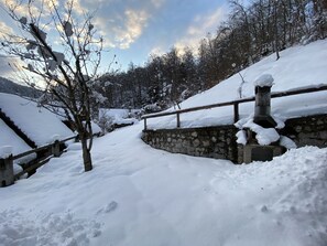 Paisatge cobert de neu amb un mur de pedra i una tanca de fusta.