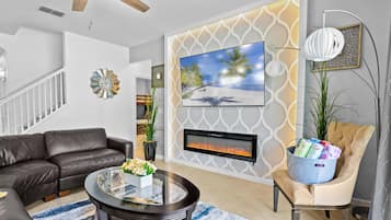 Smart TV, fireplace, video games, foosball