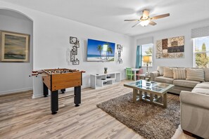 Smart TV, fireplace, video games, table football