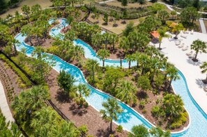 A heated pool, pool loungers