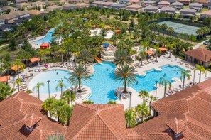 A heated pool, pool loungers