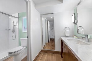 Hair dryer, towels, soap, shampoo