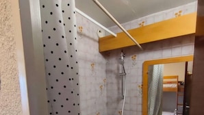 Une salle de bain avec une douche, un lavabo et un miroir.