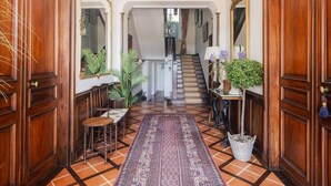 Ein Flur mit Holztüren, einer Treppe, einem gemusterten Teppich und einem Blumentopf.
