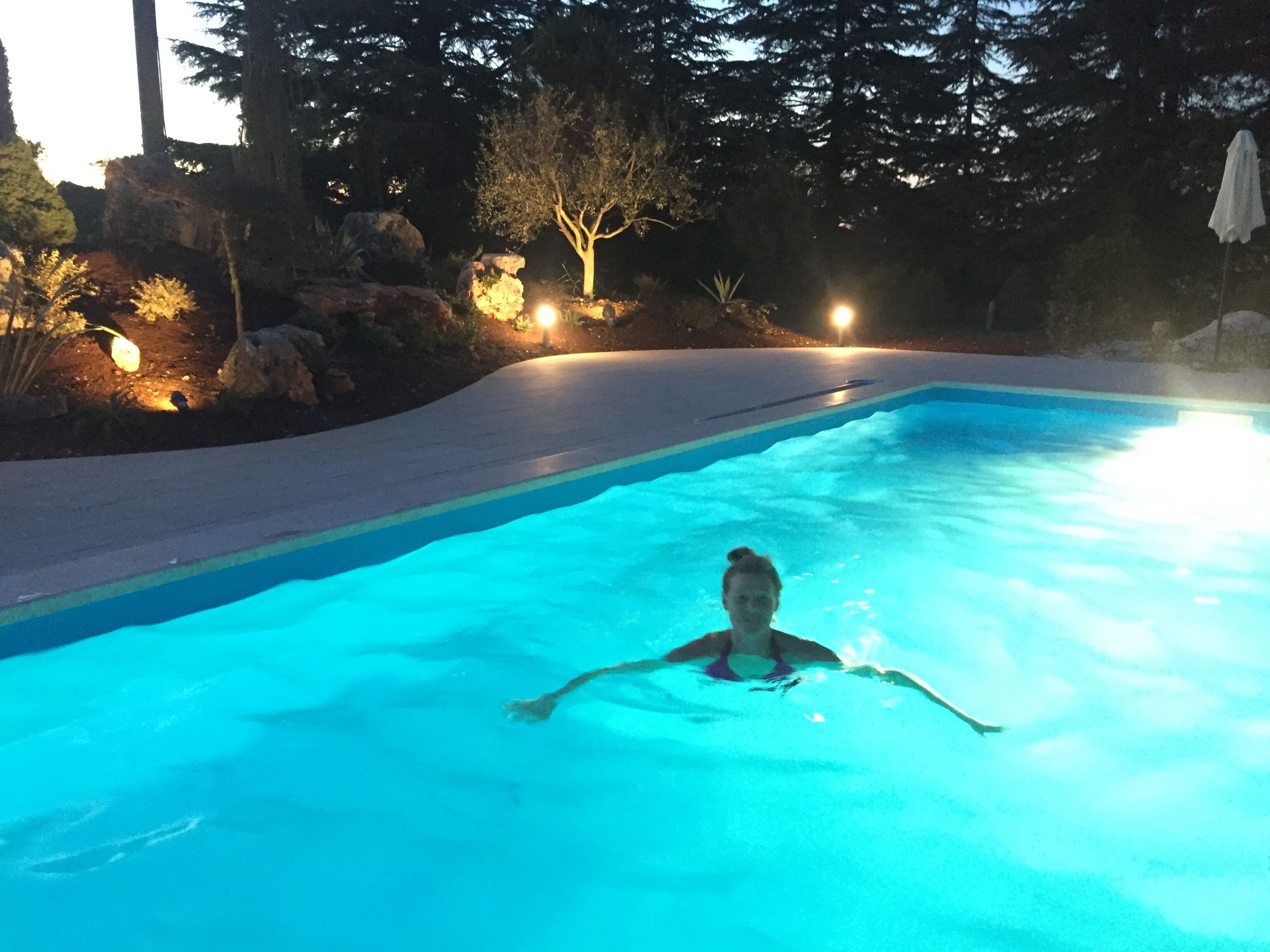 A swimming pool with clear blue water, surrounded by rocks and trees, and illuminated by ambient lighting.
