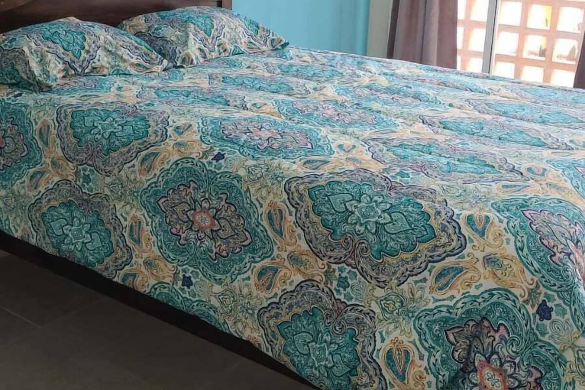 Une chambre à coucher avec un lit, un ventilateur de plafond, un appareil de climatisation et une fenêtre avec des rideaux.