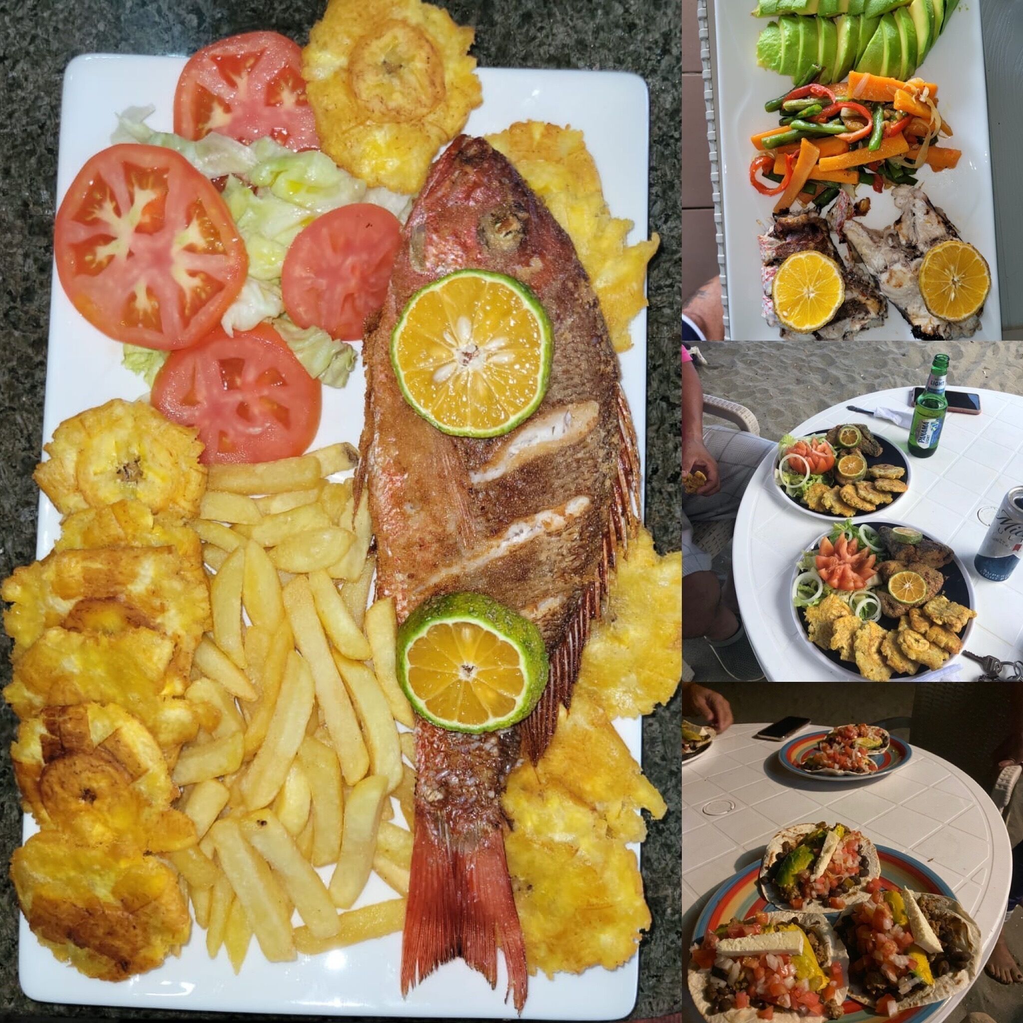 A plate with fried fish, fries, and a salad.