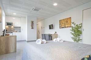 A hotel room with a bed, a desk, a chair, a TV, and a plant. - Les Begues Apartments (Begues)