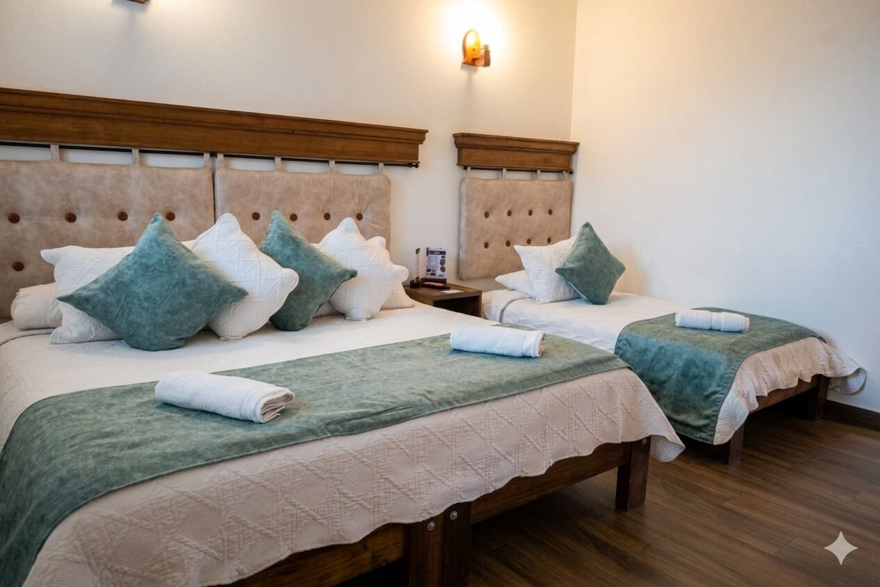 Ein Hotelzimmer mit zwei Betten, jeweils mit einem Holzkopfstück, weißer Bettwäsche und grünen Zierkissen.