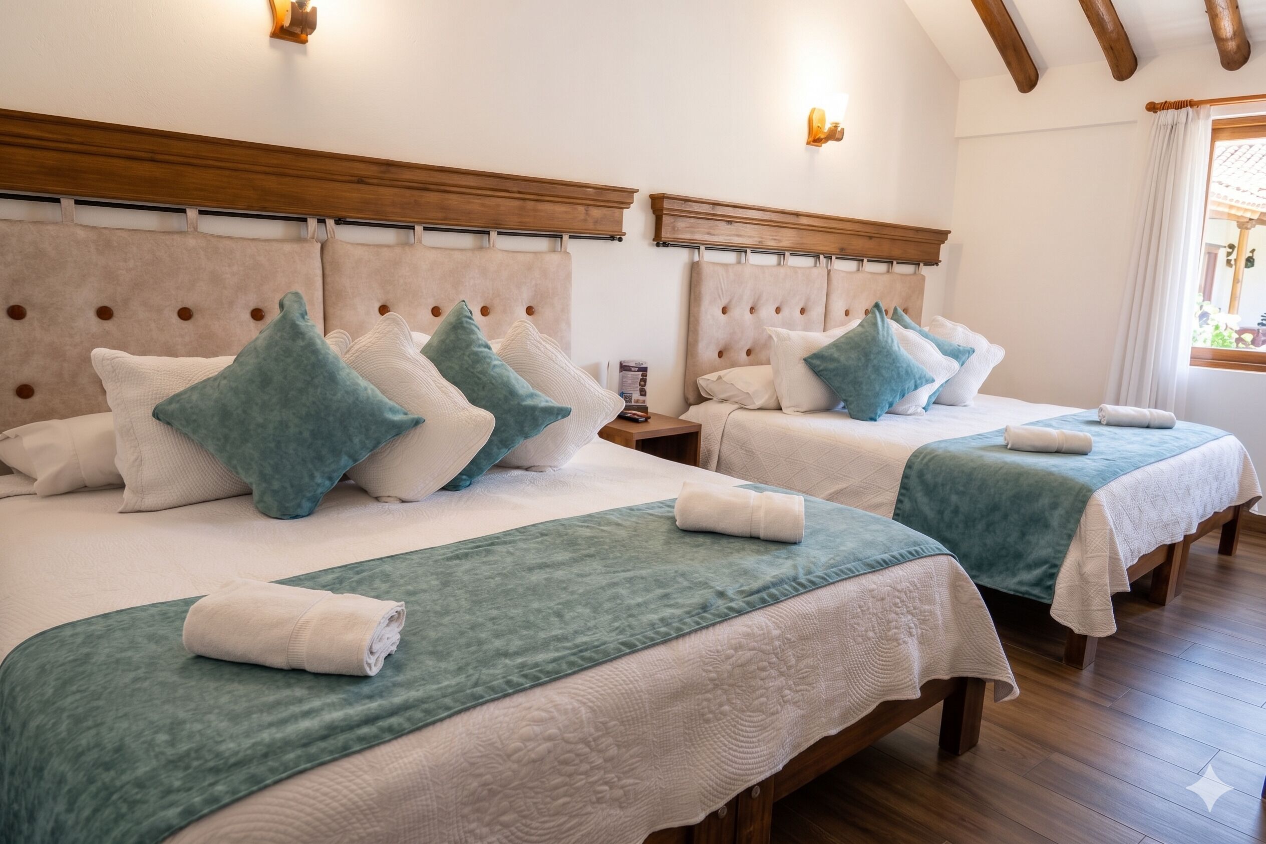 Une chambre d’hôtel avec deux lits, chacun équipé d’une tête de lit, d’oreillers et d’une couverture.