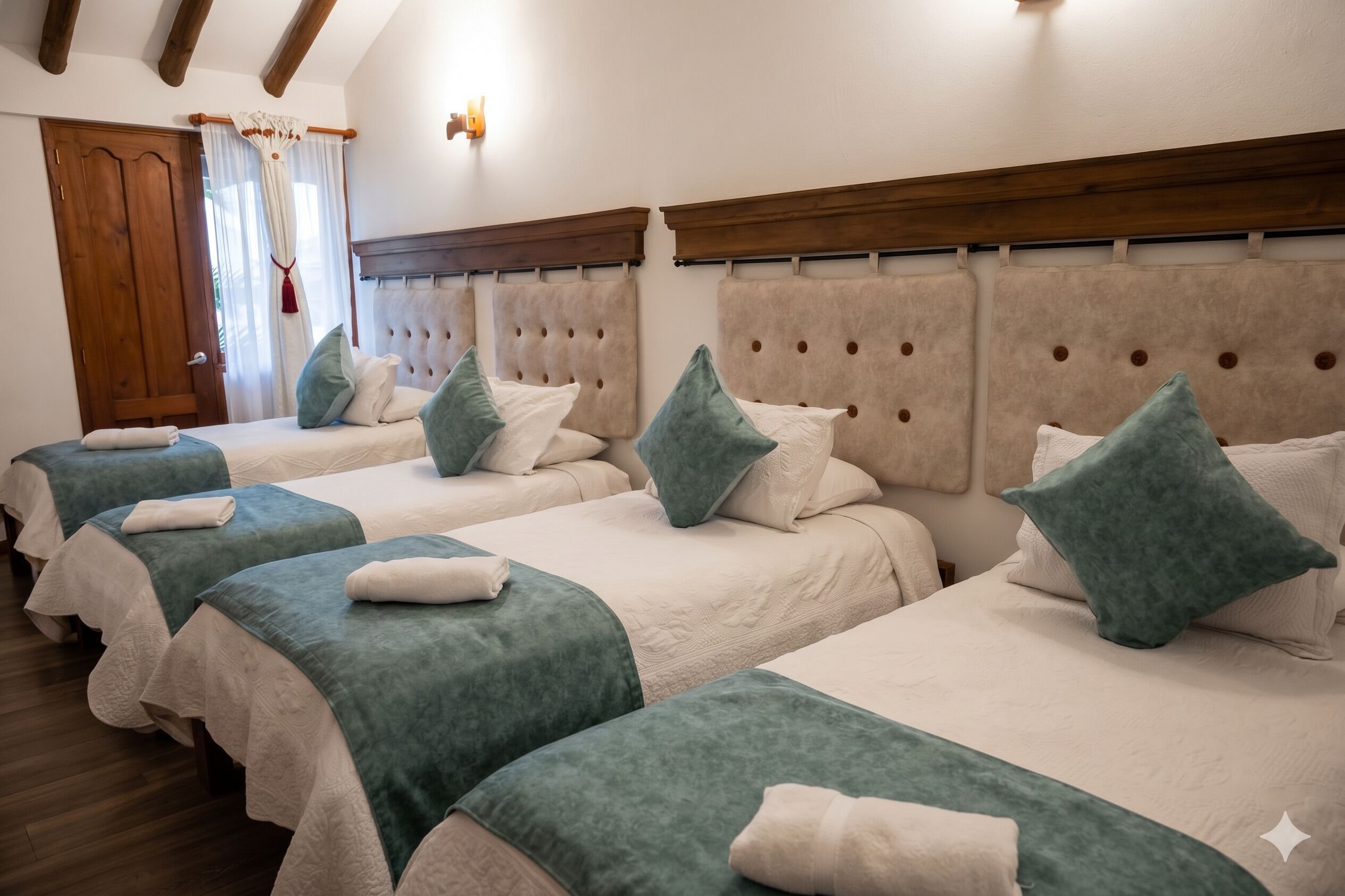 Quarto de hotel com quatro camas, cada uma com cabeceira estofada, roupa de cama branca e almofadas decorativas verde-água.