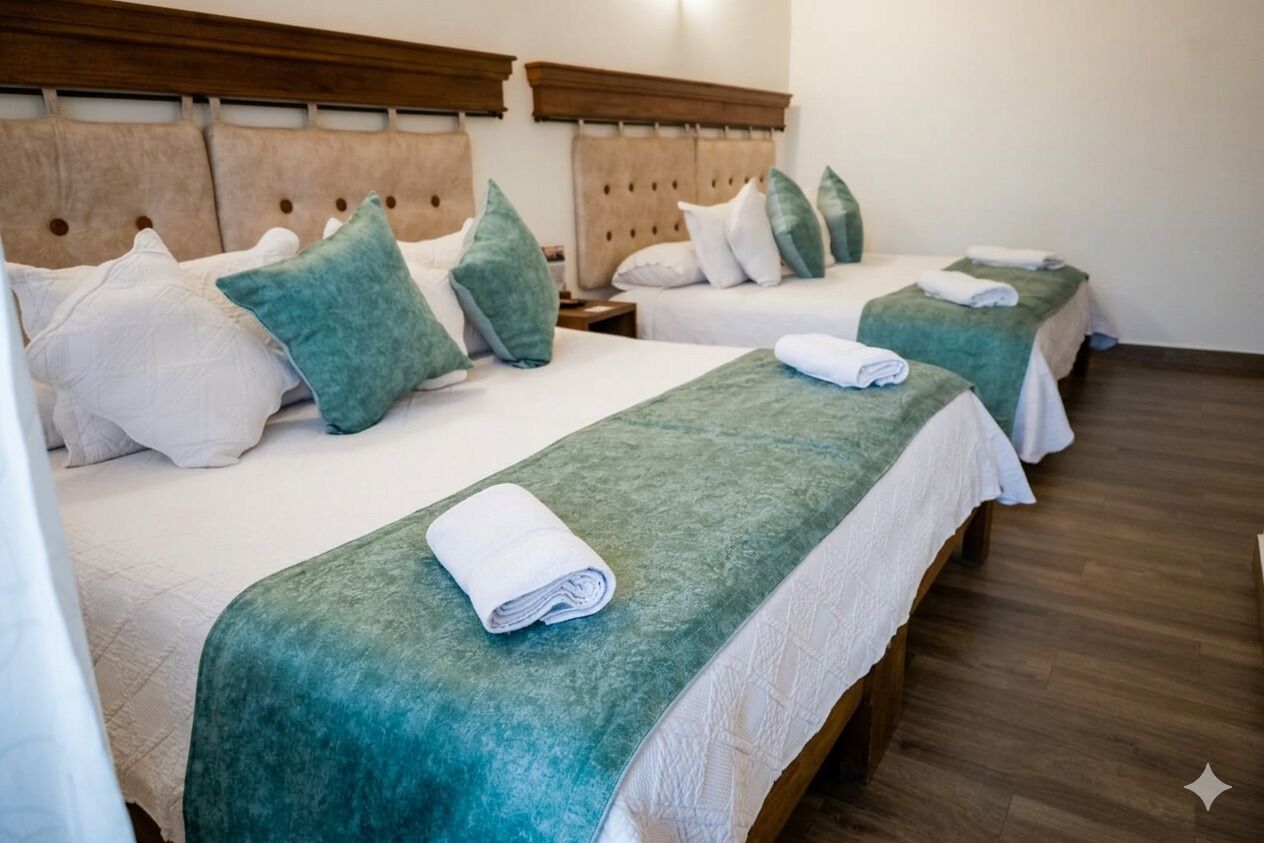 A hotel room with two beds, each with a green bedspread and white linens, wooden headboards, and a wooden floor.