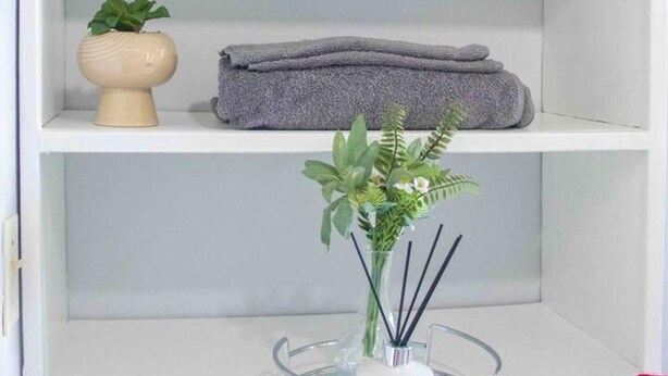 Une salle de bain avec un meuble-lavabo blanc, un porte-serviettes et un porte-savon en verre agrémenté d’une plante.